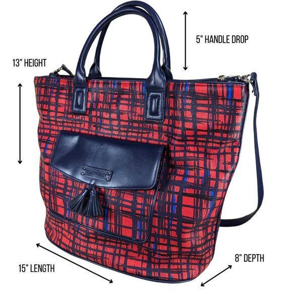 Vera Bradley Large Tassel Tote Blue & Red Coated Canvas 2 Way Crossbody - Picture 4 of 10